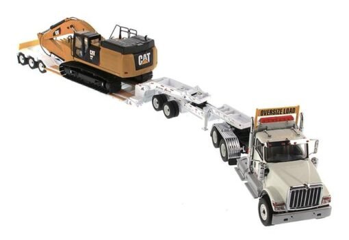 International HX520 Tandem Tractor White with XL 120 Lowboy Trailer and CAT Caterpillar 349F L XE Hydraulic Excavator Set of 2 Pieces 1/50 Diecast Models - Image 2