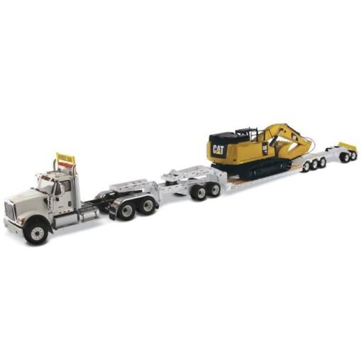 International HX520 Tandem Tractor White with XL 120 Lowboy Trailer and CAT Caterpillar 349F L XE Hydraulic Excavator Set of 2 Pieces 1/50 Diecast Models - Image 5