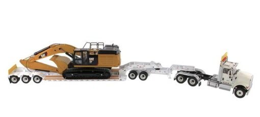International HX520 Tandem Tractor White with XL 120 Lowboy Trailer and CAT Caterpillar 349F L XE Hydraulic Excavator Set of 2 Pieces 1/50 Diecast Models