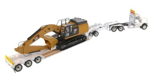 International HX520 Tandem Tractor White with XL 120 Lowboy Trailer and CAT Caterpillar 349F L XE Hydraulic Excavator Set of 2 Pieces 1/50 Diecast Models - Image 4