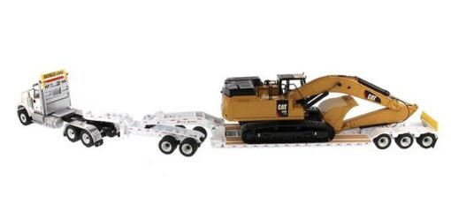 International HX520 Tandem Tractor White with XL 120 Lowboy Trailer and CAT Caterpillar 349F L XE Hydraulic Excavator Set of 2 Pieces 1/50 Diecast Models - Image 3